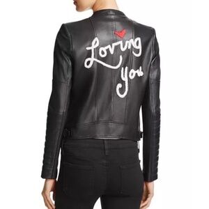 ALICE + OLIVIA Gamma Loving You Embroidered Black Leather Moto Jacket Size L